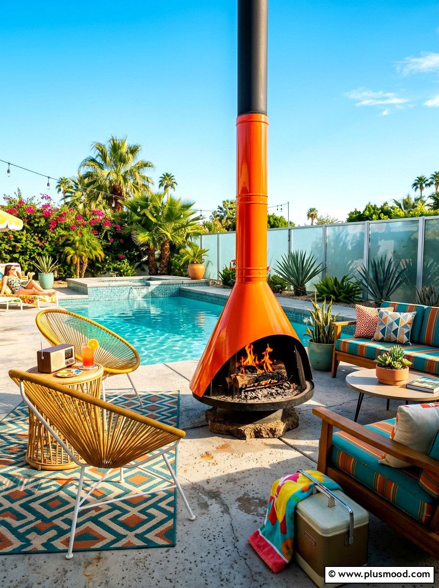 Mid Century Modern Cone Fireplace - 25 summer poolside fire feature ideas