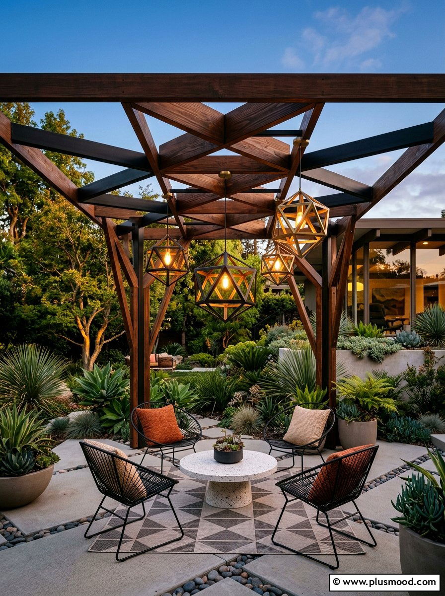 Mid Century Modern Geometric Lanterns - 25 small backyard ideas with pergola lights