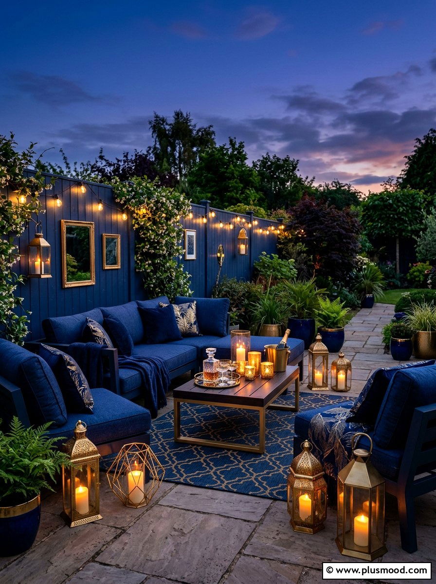 Midnight Blue And Gold Entertaining Area - 25 small backyard ideas with color scheme