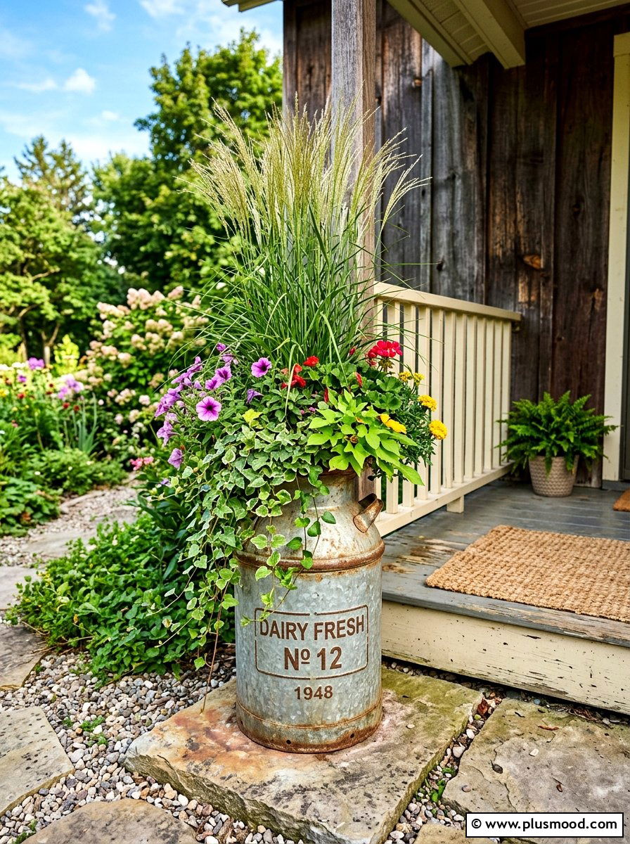 Milk Can Planter - 25 summer farmhouse landscaping ideas