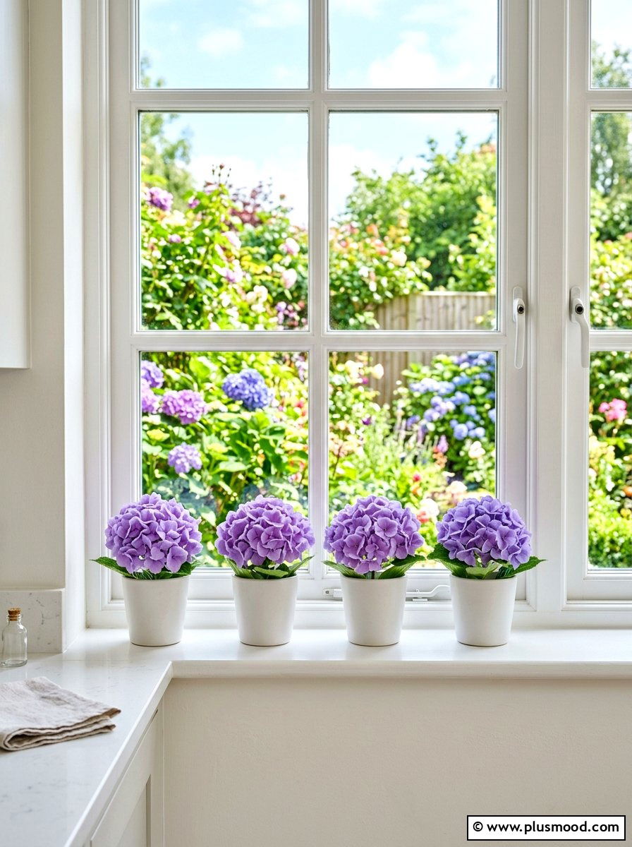 Mini hydrangea window sill pots - 25 summer kitchen decor ideas with hydrangeas