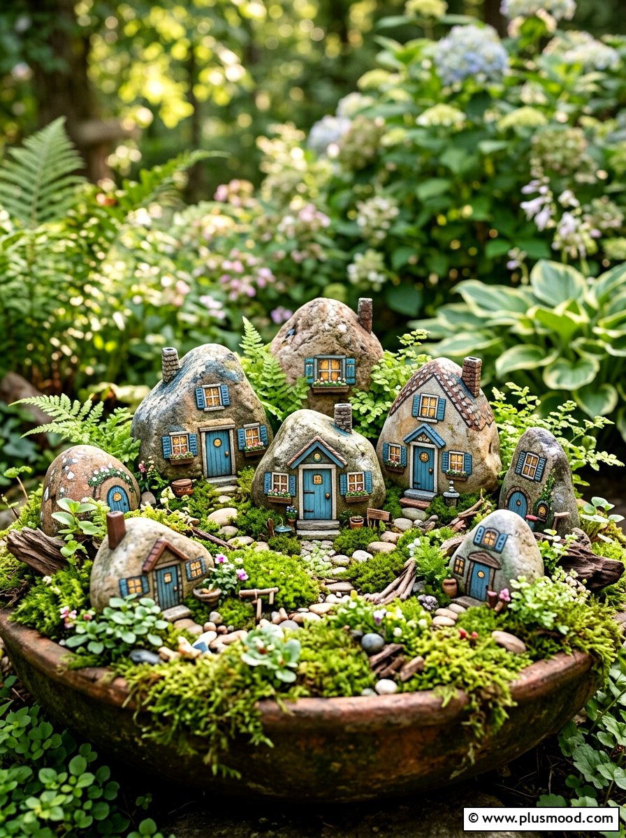 Miniature house rocks - 25 painted rock ideas for potted plant display