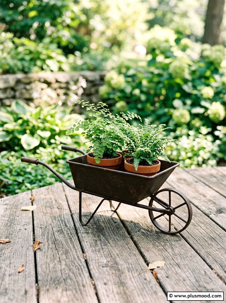 Miniature wheelbarrow plant stand - 25 outdoor garden decor ideas with wheelbarrow planter