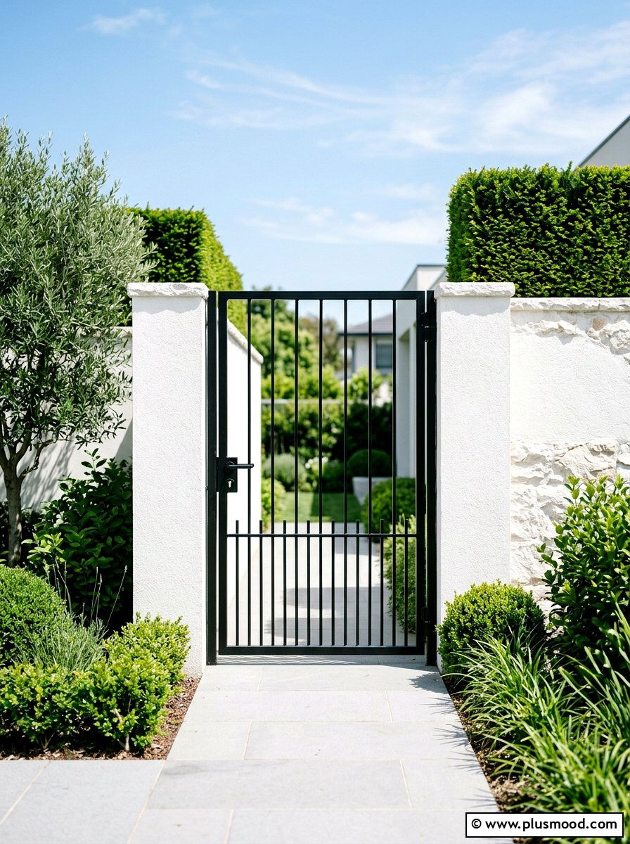 Minimalist Black Metal Gate - 25 small backyard ideas with gate entry