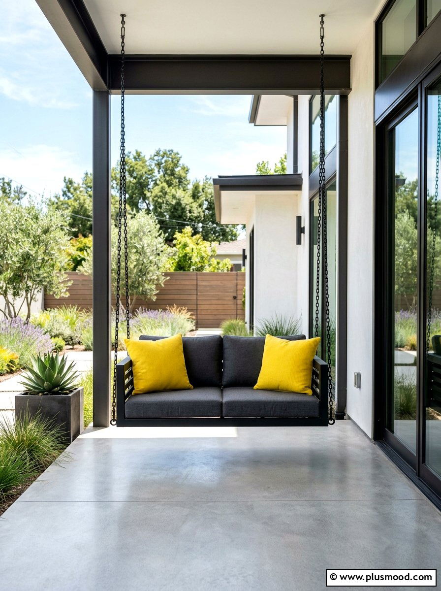 Minimalist Black Metal Swing - 25 summer front porch swing ideas