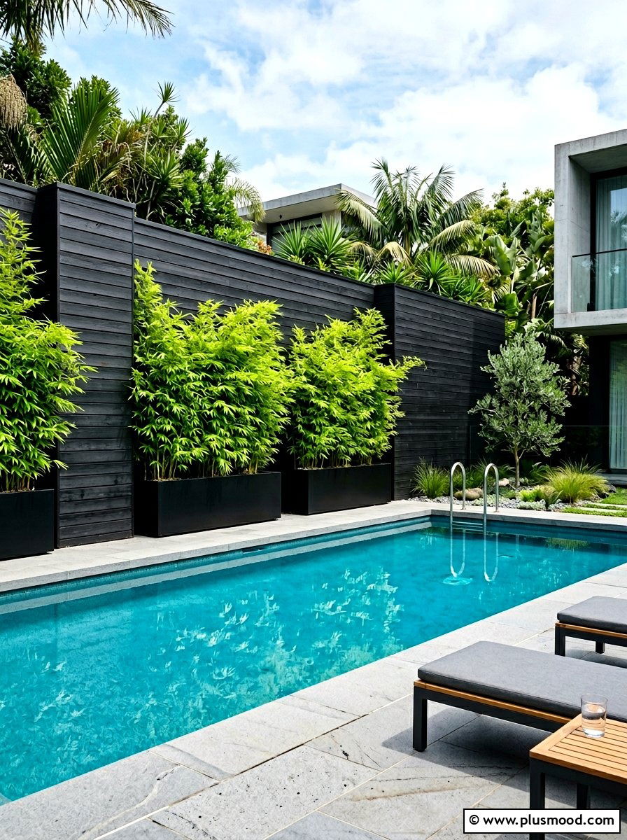 Minimalist Black Planter Wall - 25 pool landscaping ideas with raised planters