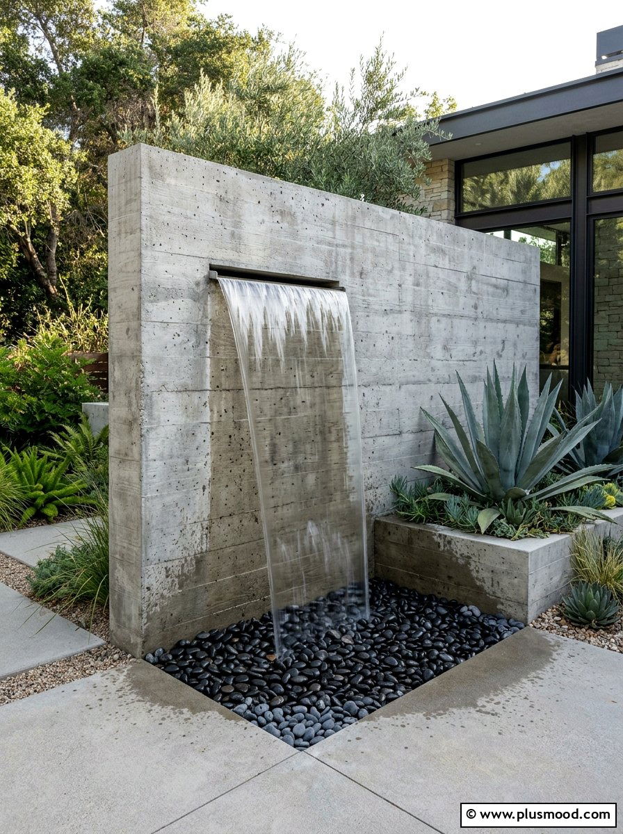 Minimalist Concrete Waterfall - 25 pool landscaping ideas with waterfalls