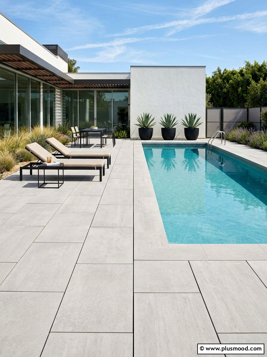 Minimalist Geometric Pavers - 25 pool landscaping ideas for rectangular pools