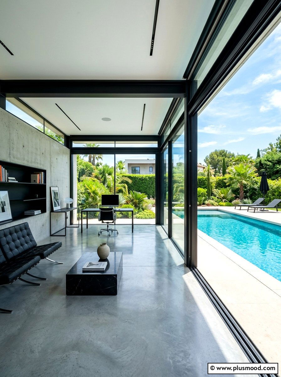 Minimalist Glass Pool House Studio - 25 summer pool house decor ideas