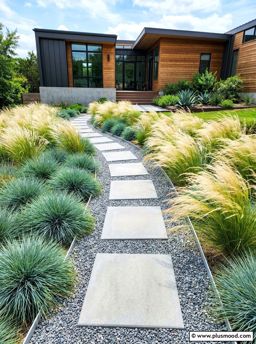 Minimalist Ornamental Grass Walkway - 25 summer path border planting ideas