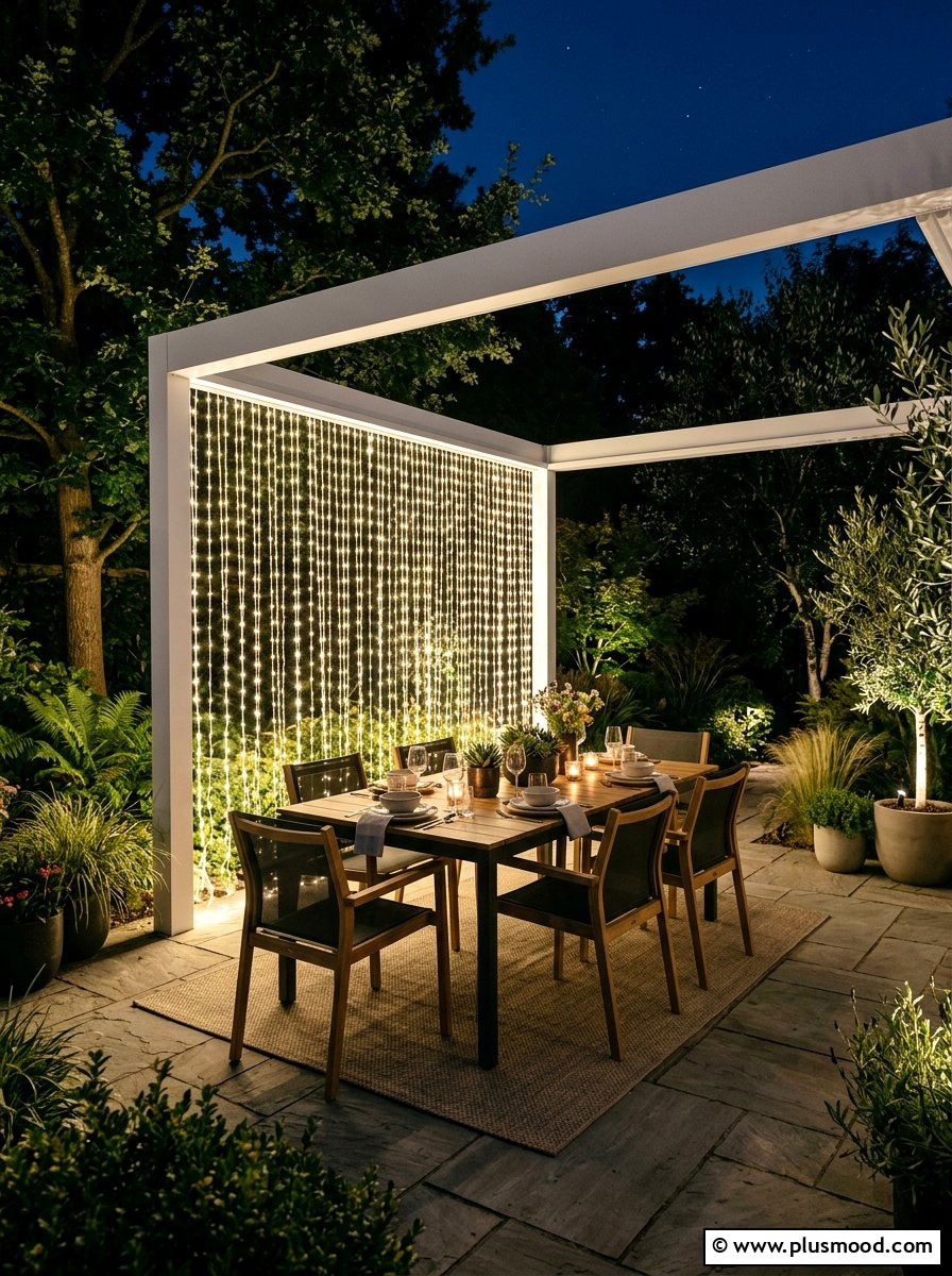 Minimalist Outdoor Dining Curtain Lights - 25 small backyard ideas with pergola lights