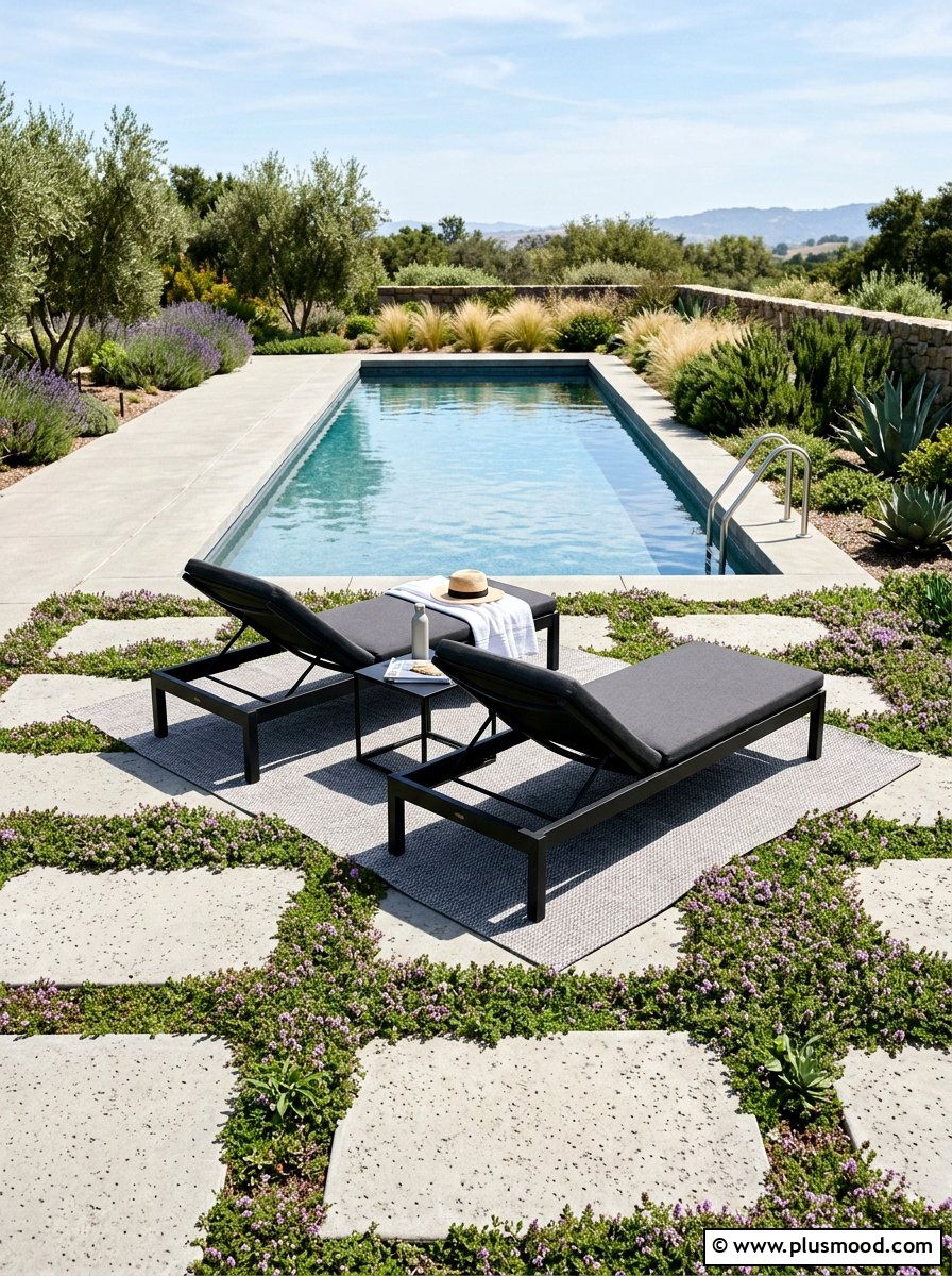 Minimalist Pool Surround - 25 pool landscaping ideas with outdoor rug