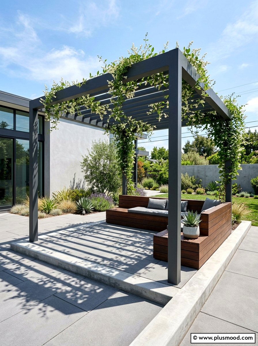 Minimalist Poolside Pergola - 25 pool landscaping ideas with pergola and vines