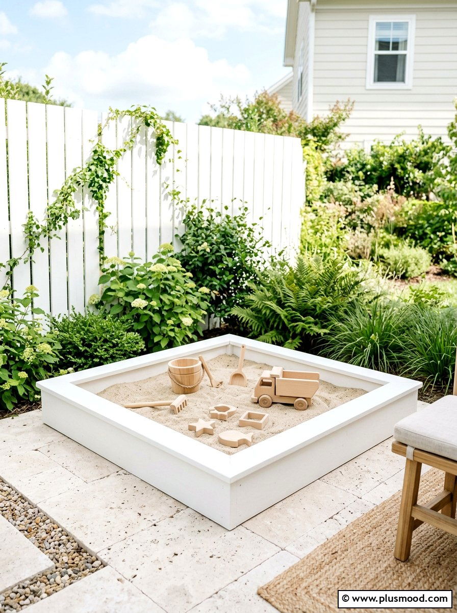 Minimalist White Sandbox - 25 small backyard ideas with sandbox