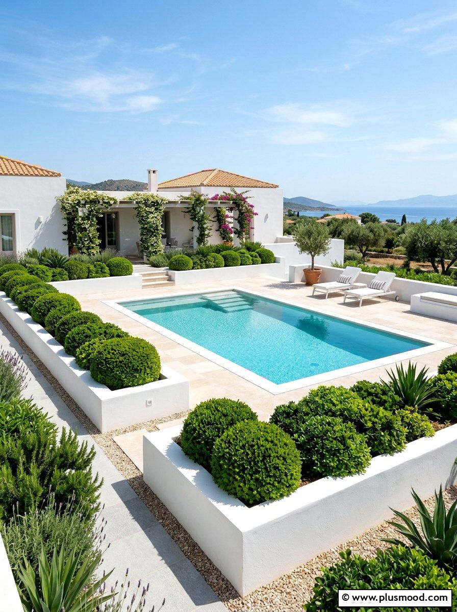 Minimalist White Stucco Border - 25 pool landscaping ideas with raised garden beds