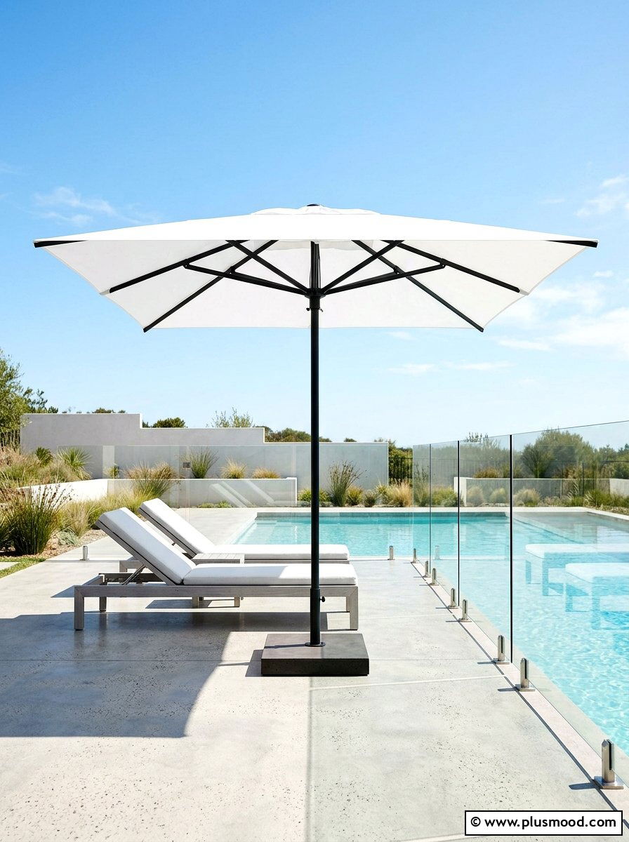 Minimalist White Umbrella - 25 summer poolside umbrella ideas
