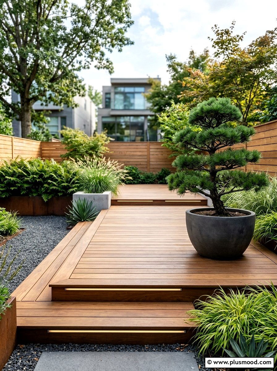 Minimalist Wood Deck - 25 small backyard ideas with zen garden