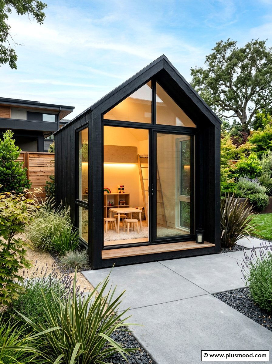 Minimalist black playhouse with glass doors - 25 small backyard ideas with playhouse