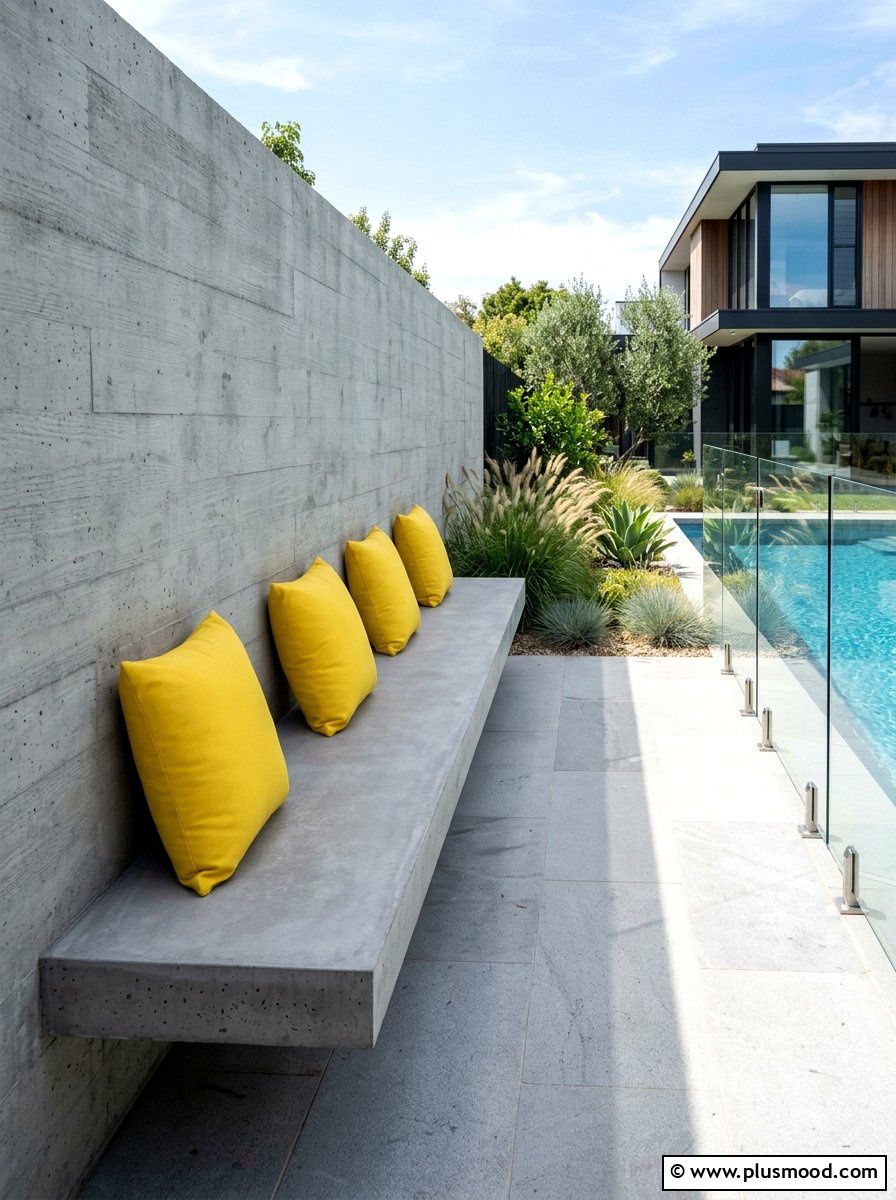 Minimalist concrete bench - 25 summer cozy poolside nook ideas