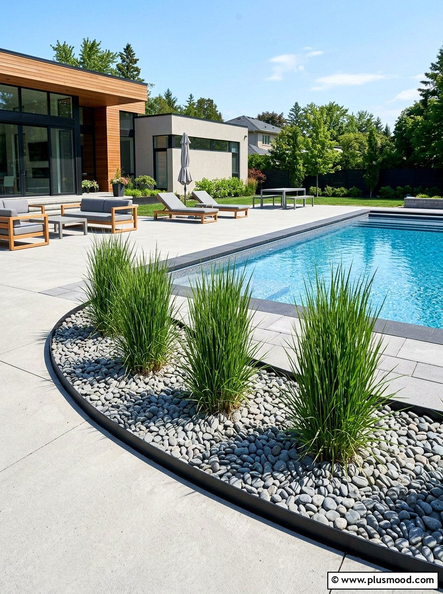 Minimalist gravel pool planter - 25 pool landscaping ideas with curved planters