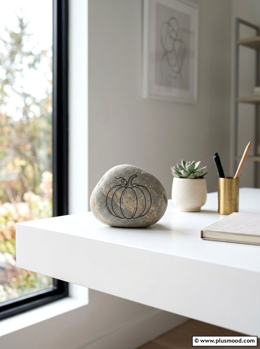 Minimalist line pumpkin rock - 25 painted rock ideas with pumpkin art