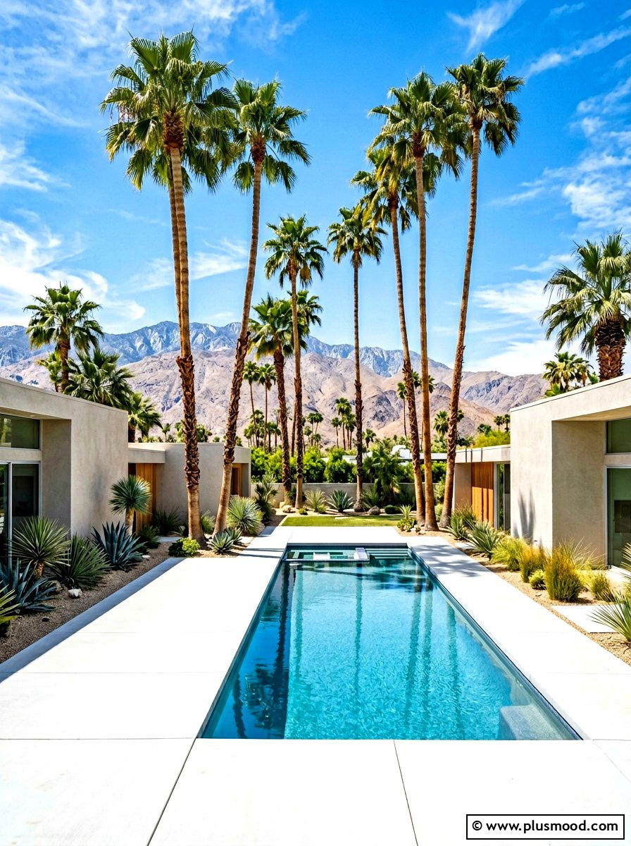 Minimalist pool area with mexican fan palms - 25 summer pool landscaping ideas with palms