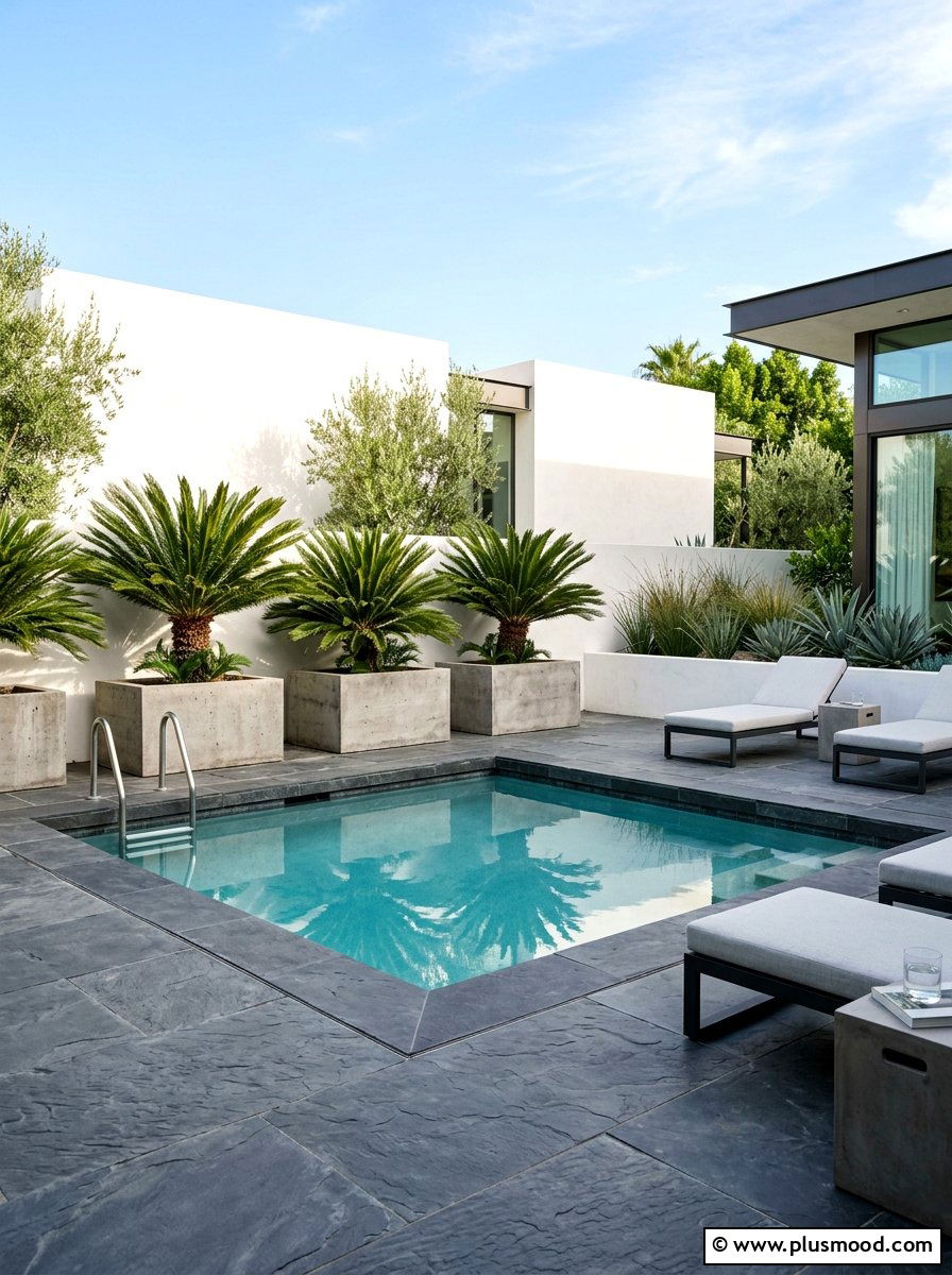 Minimalist pool patio with sago palms - 25 pool landscaping ideas with palm trees