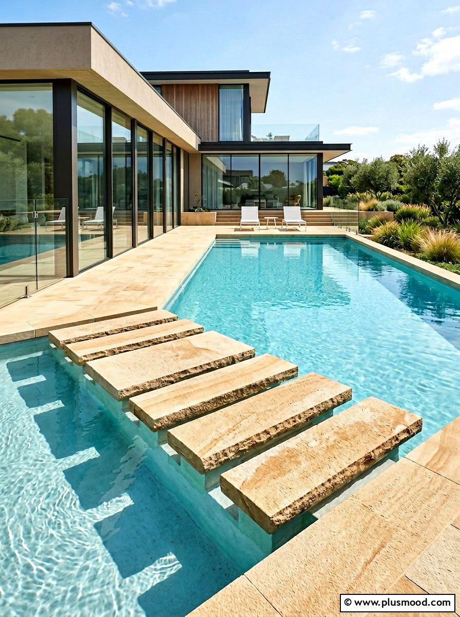 Minimalist sandstone pool steps - 25 pool landscaping ideas with sandstone