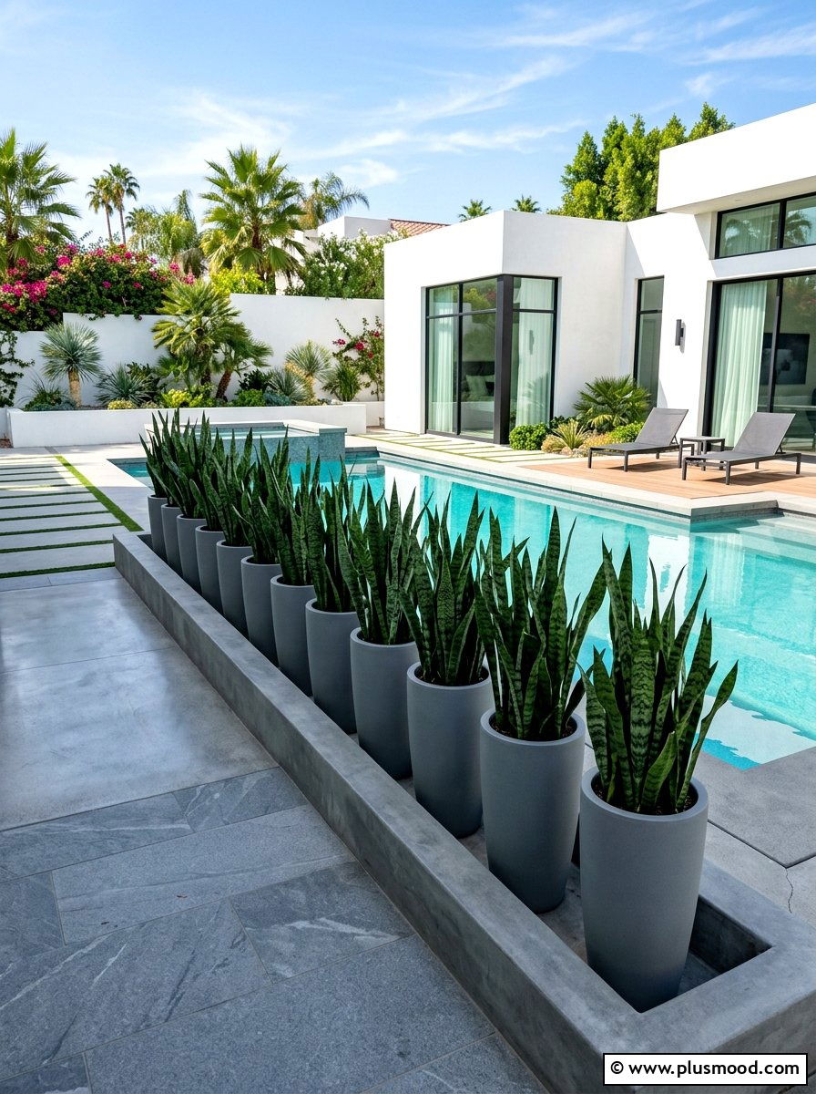 Minimalist snake plant planter - 25 summer poolside planter ideas