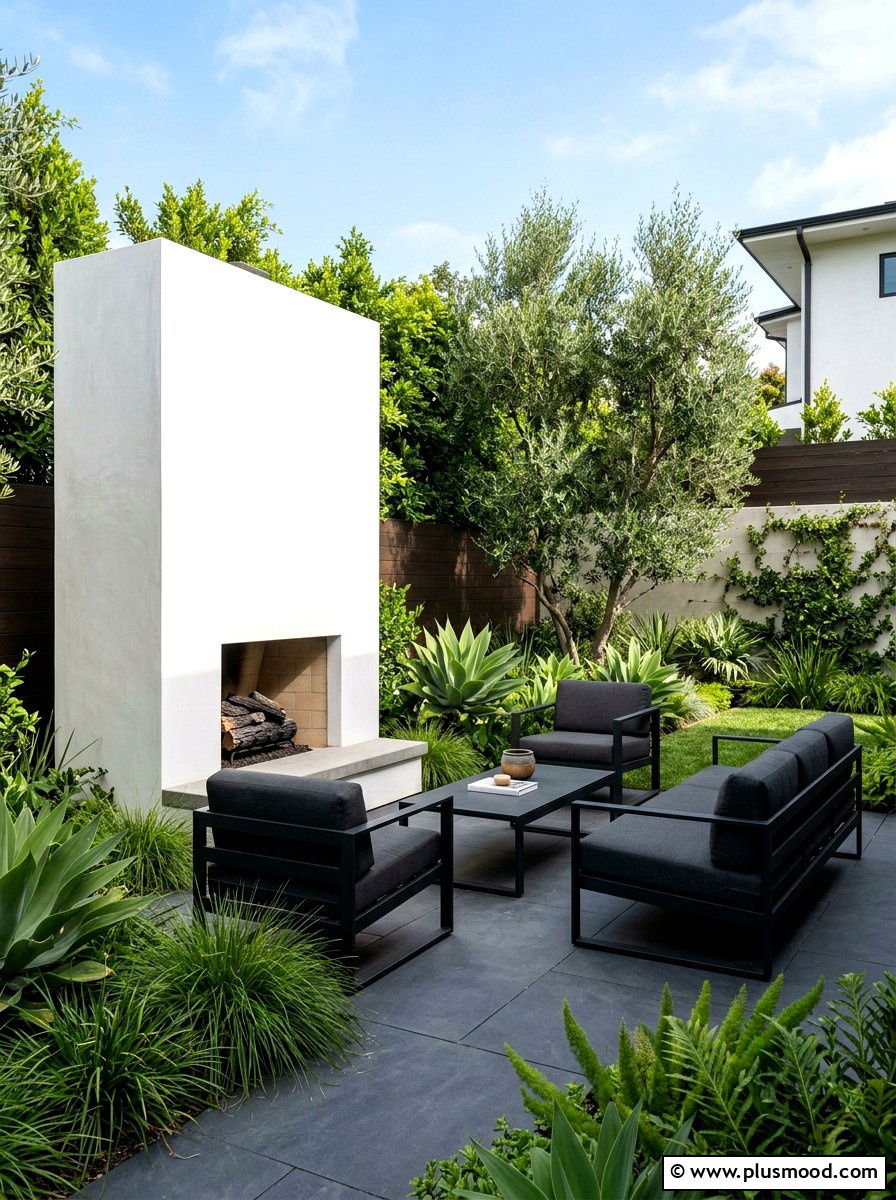 Minimalist white fireplace in modern garden - 25 small backyard ideas with outdoor fireplace