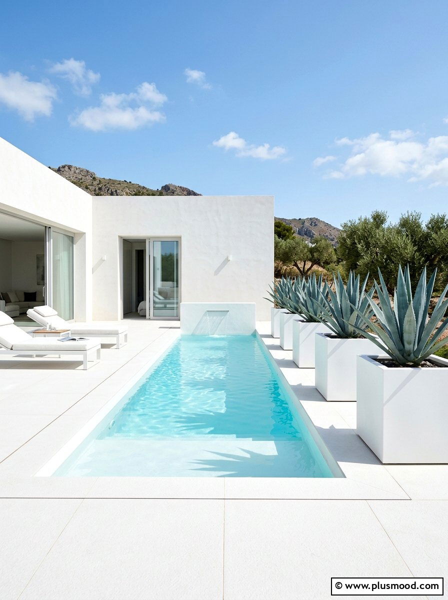 Minimalist white pool agave - 25 pool landscaping ideas with cactus garden