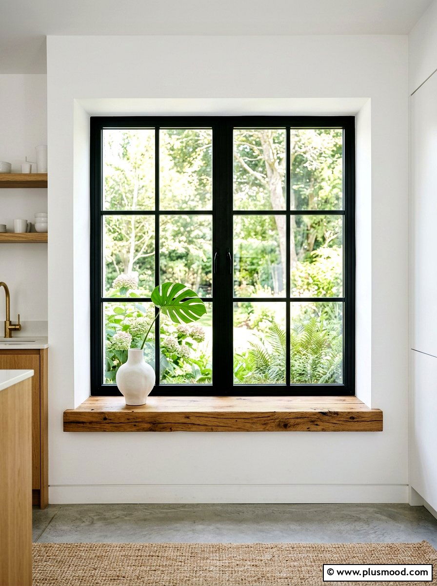 Minimalist wooden ledge - 25 summer kitchen window decor ideas