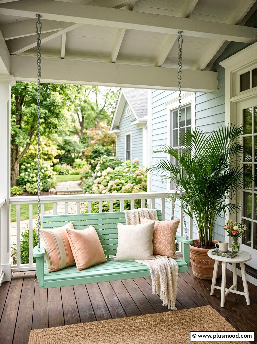 Mint Green Porch Swing - 25 summer colorful front porch ideas