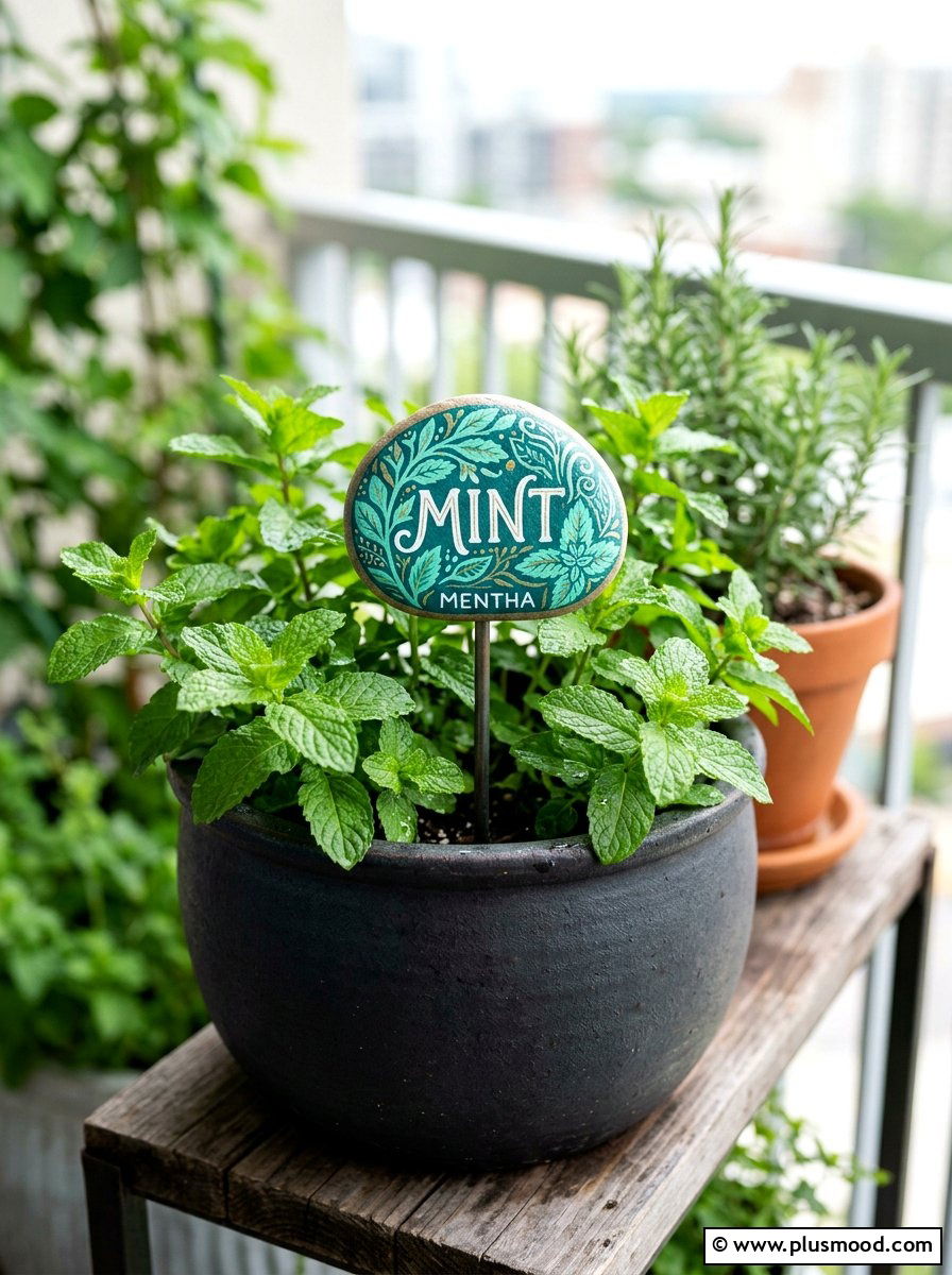Mint Plant Marker - 25 painted rock ideas for plant markers