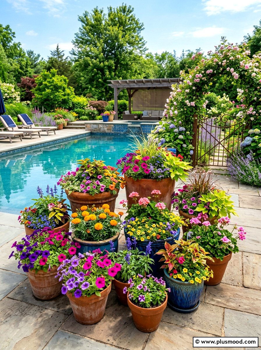 Mix Of Seasonal Annuals In Grouped Planters - 25 pool landscaping ideas with potted plants