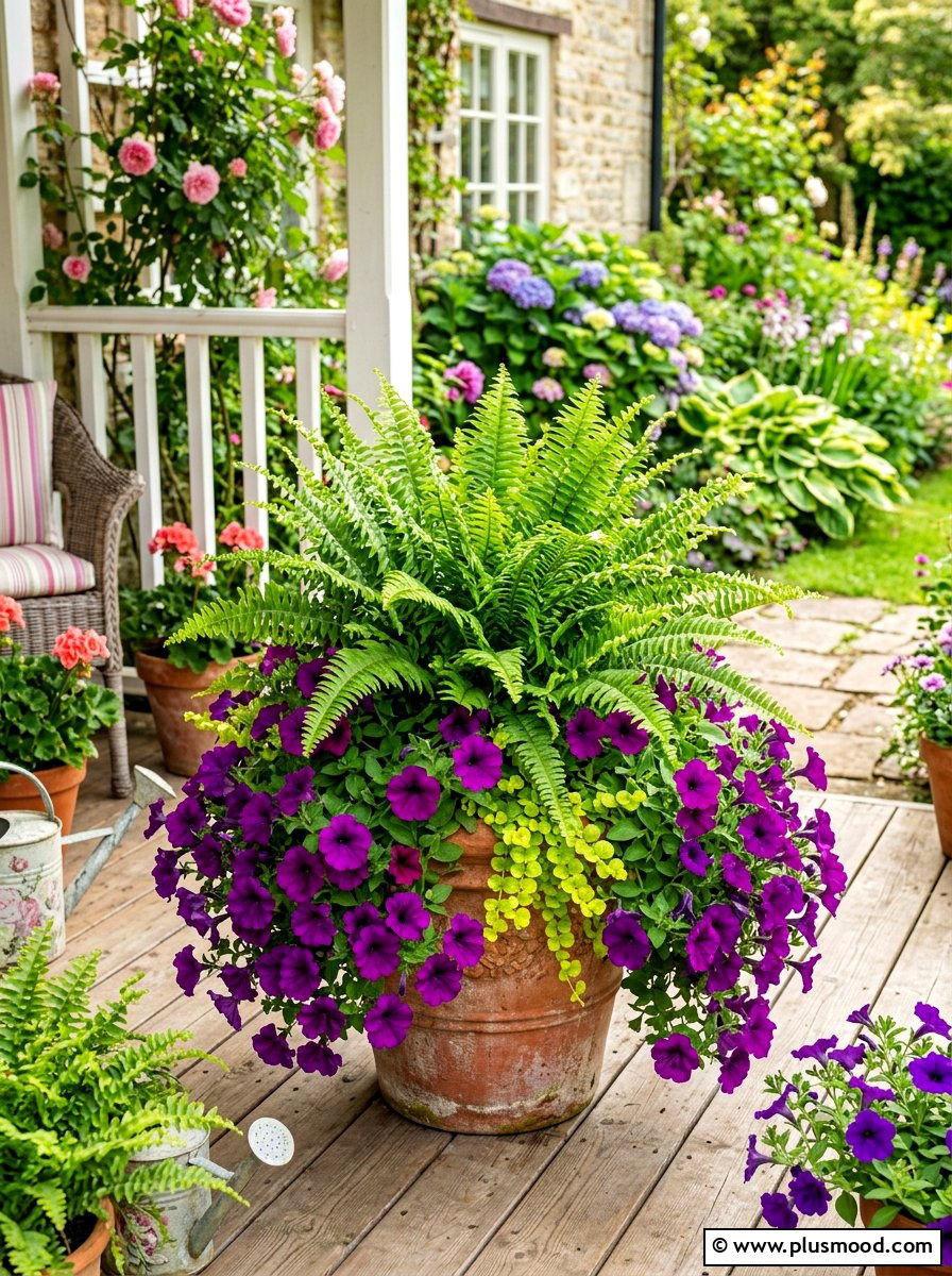 Mixed Fern and Petunia Containers - 25 summer potted fern ideas for porch
