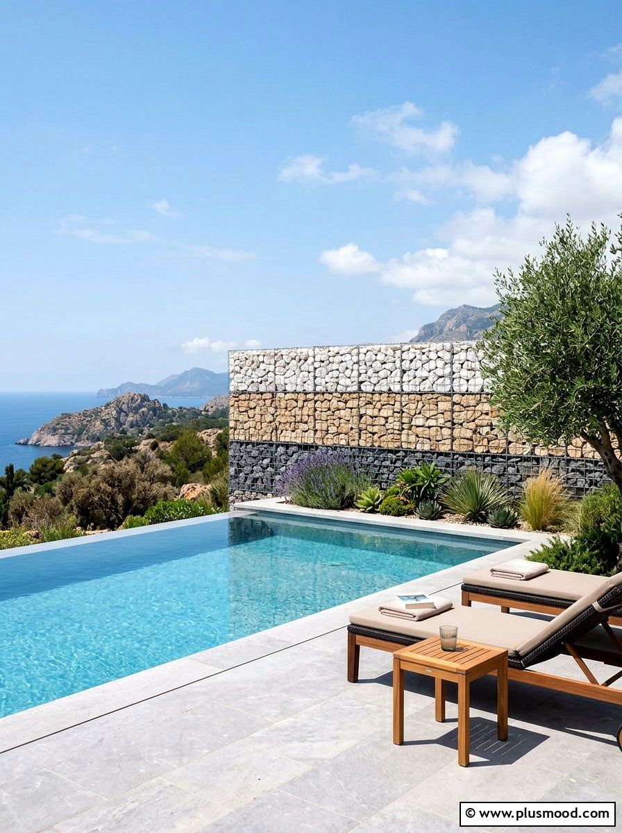 Mixed Stone Gabion Wall - 25 pool landscaping ideas with gabion walls