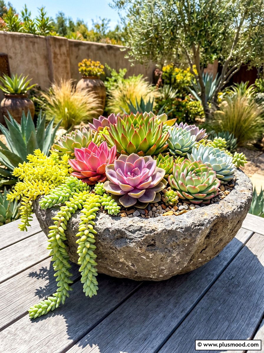 Mixed Succulent Stone Bowl - 25 summer low maintenance planter ideas