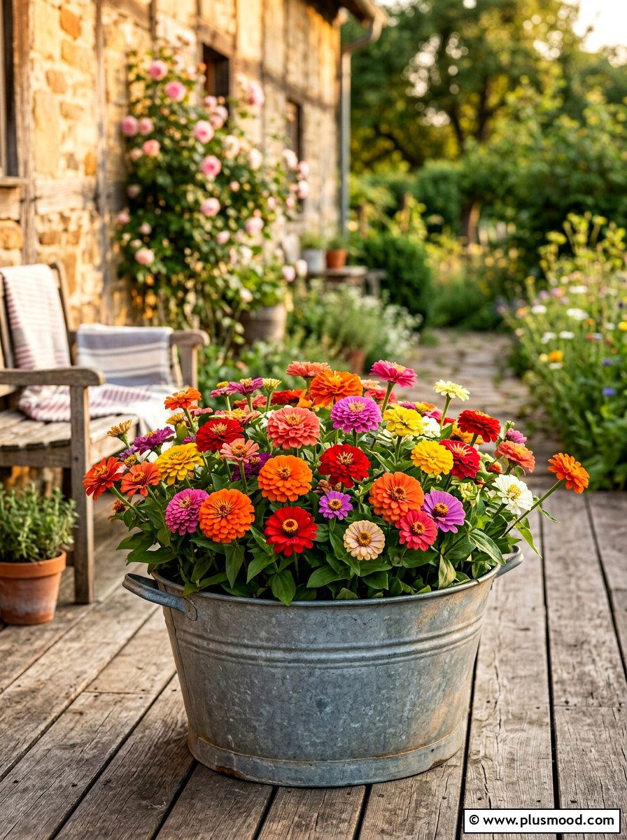 Mixed Zinnia Patio Tub - 25 best summer planter ideas