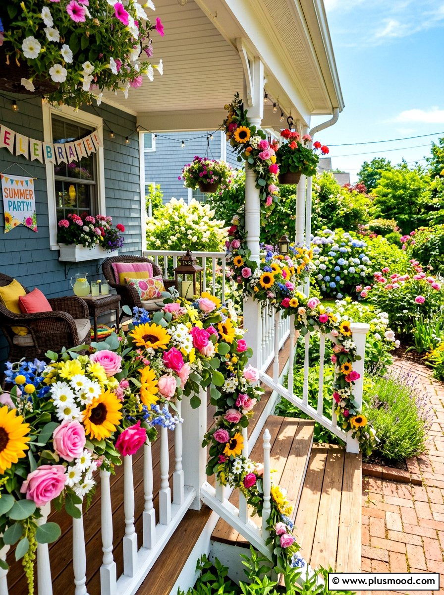 Mixed floral garlands - 25 summer porch rail decor ideas