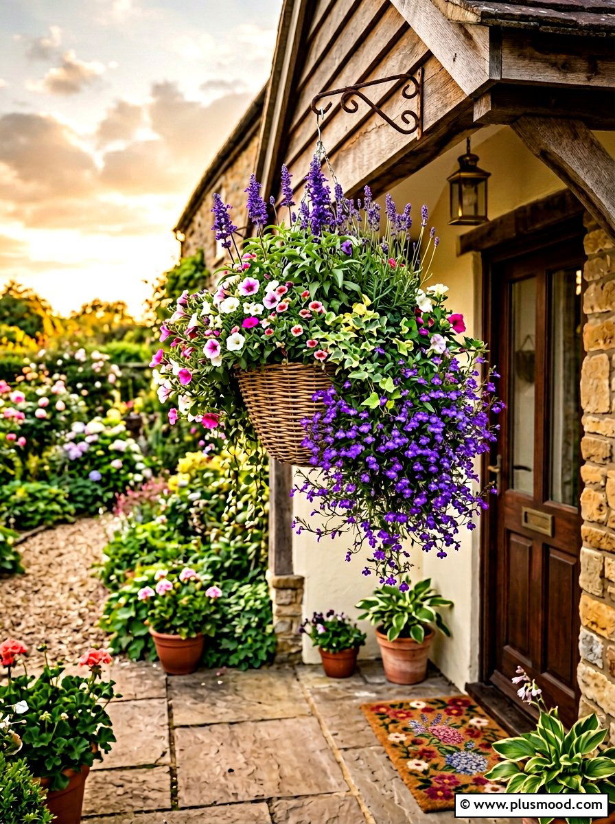 Mixed flower hanging baskets - 25 summer front porch decor ideas with hanging baskets