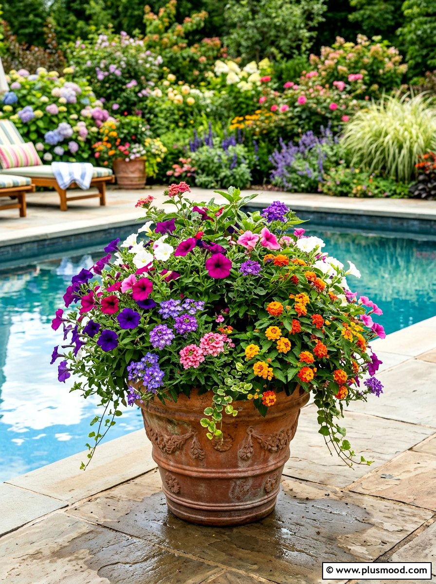 Mixed summer bloom planter - 25 summer poolside planter ideas