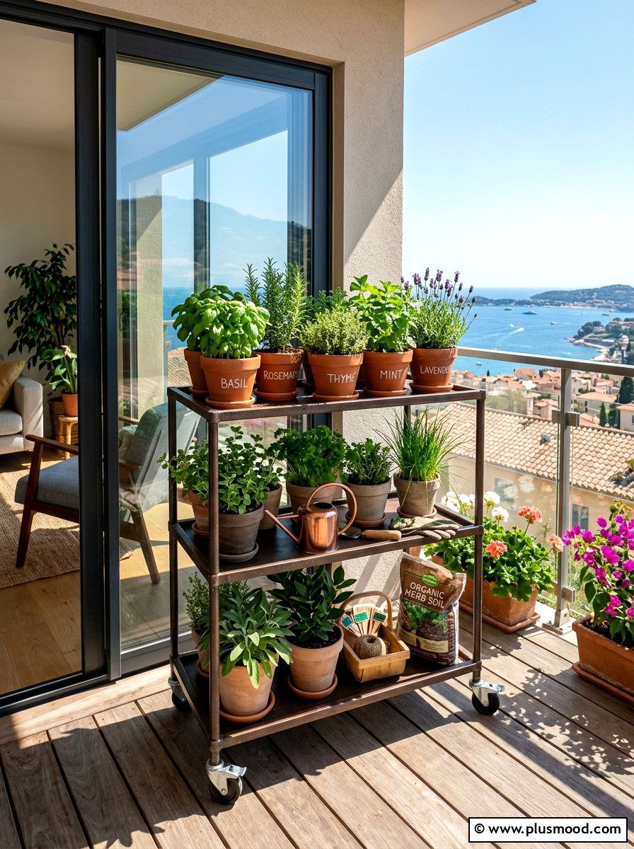 Mobile Herb Cart - 25 summer balcony herb garden ideas