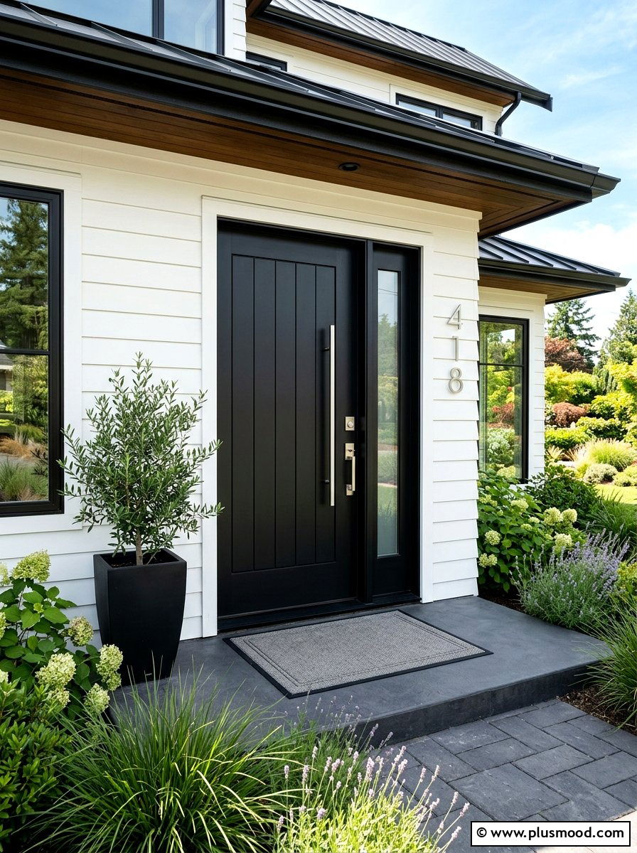 Modern Black Door - 25 summer minimalist front porch ideas