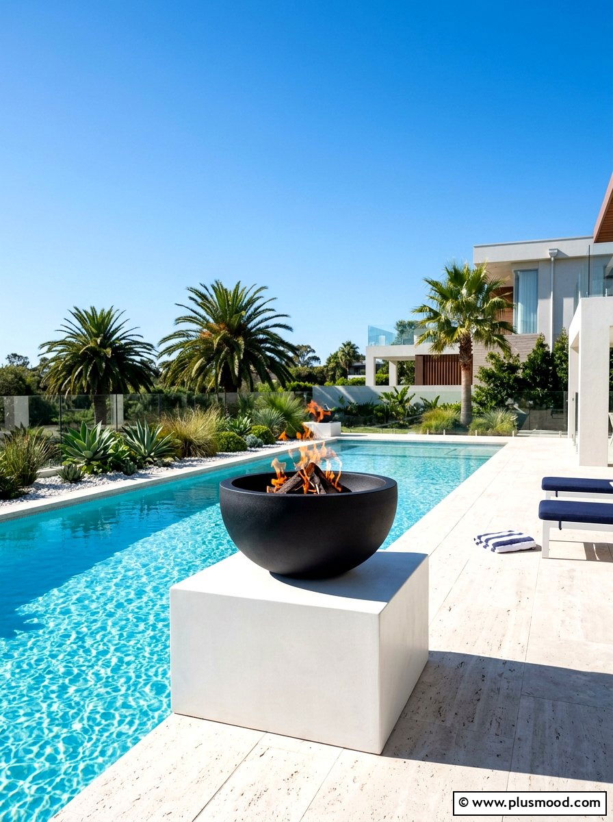 Modern Black Fire Bowl - 25 summer poolside fire feature ideas