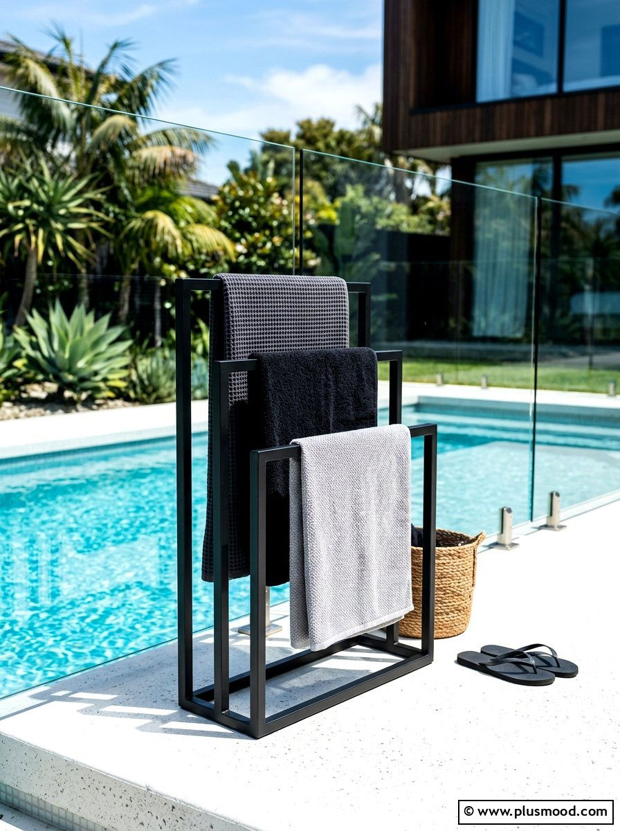 Modern Black Metal Towel Rail Station - 25 summer towel station ideas for pool area