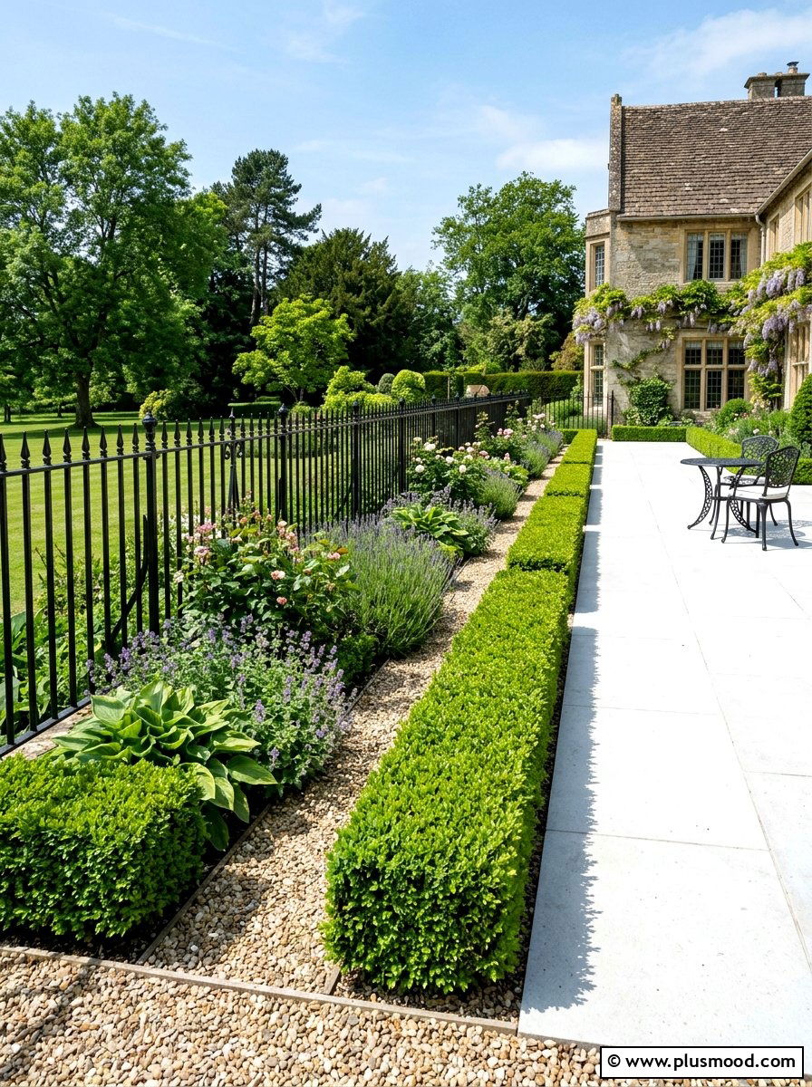 Modern Boxwood Border - 25 summer fence line landscaping ideas