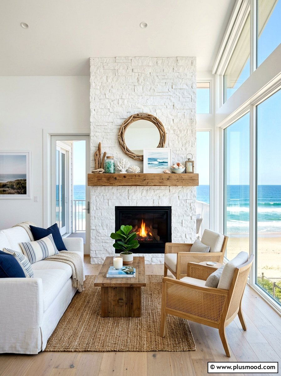 Modern Coastal Fireplace - 25 coastal summer living room ideas