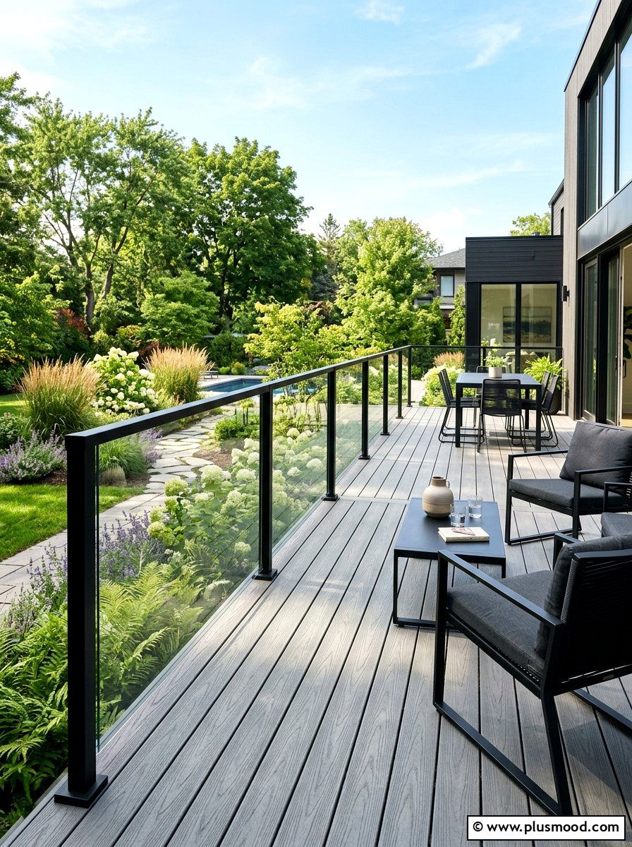 Modern Composite Deck With Glass Railing - 25 small backyard ideas with raised deck