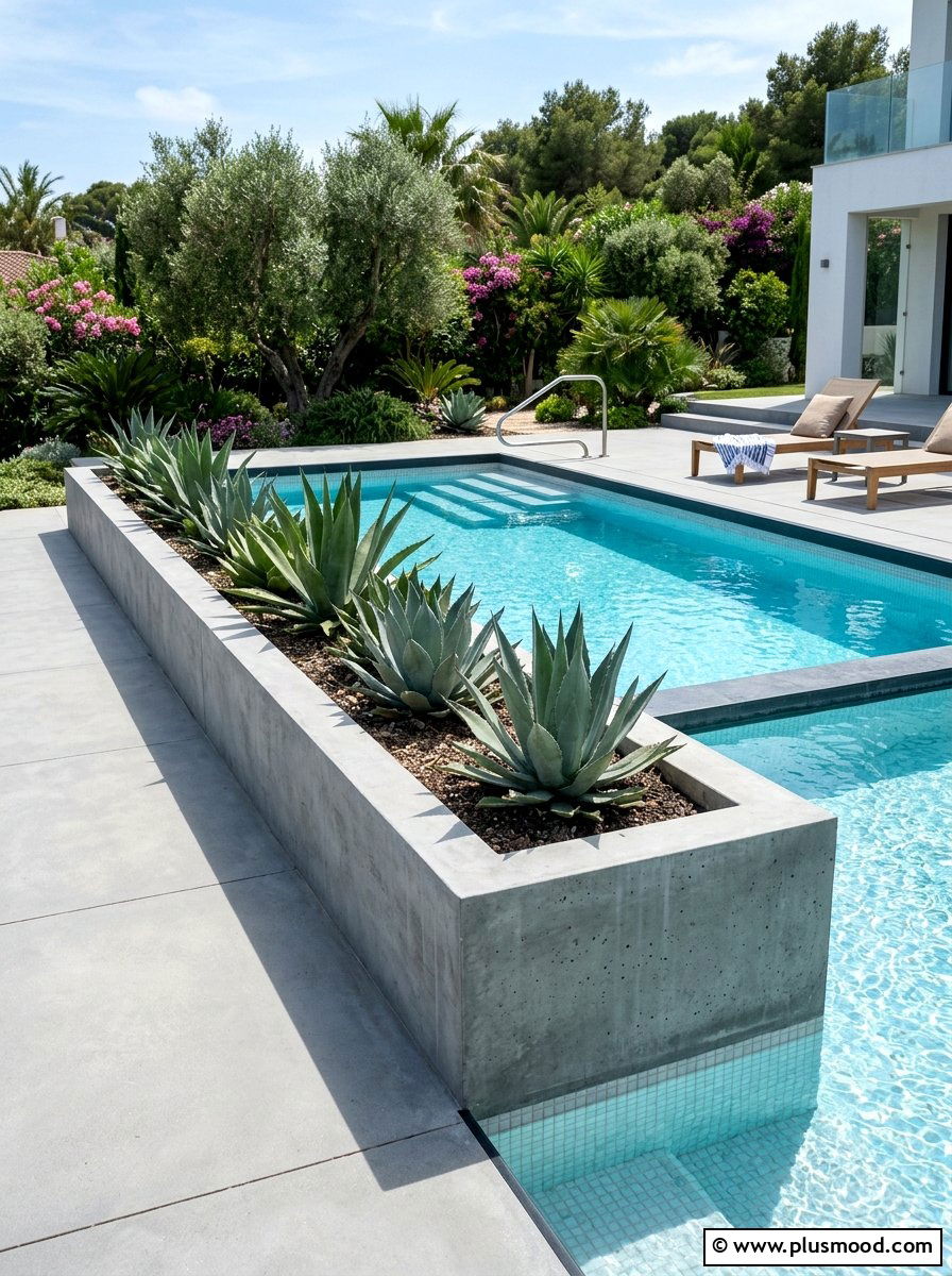 Modern Concrete Pool Planter - 25 pool landscaping ideas with raised garden beds